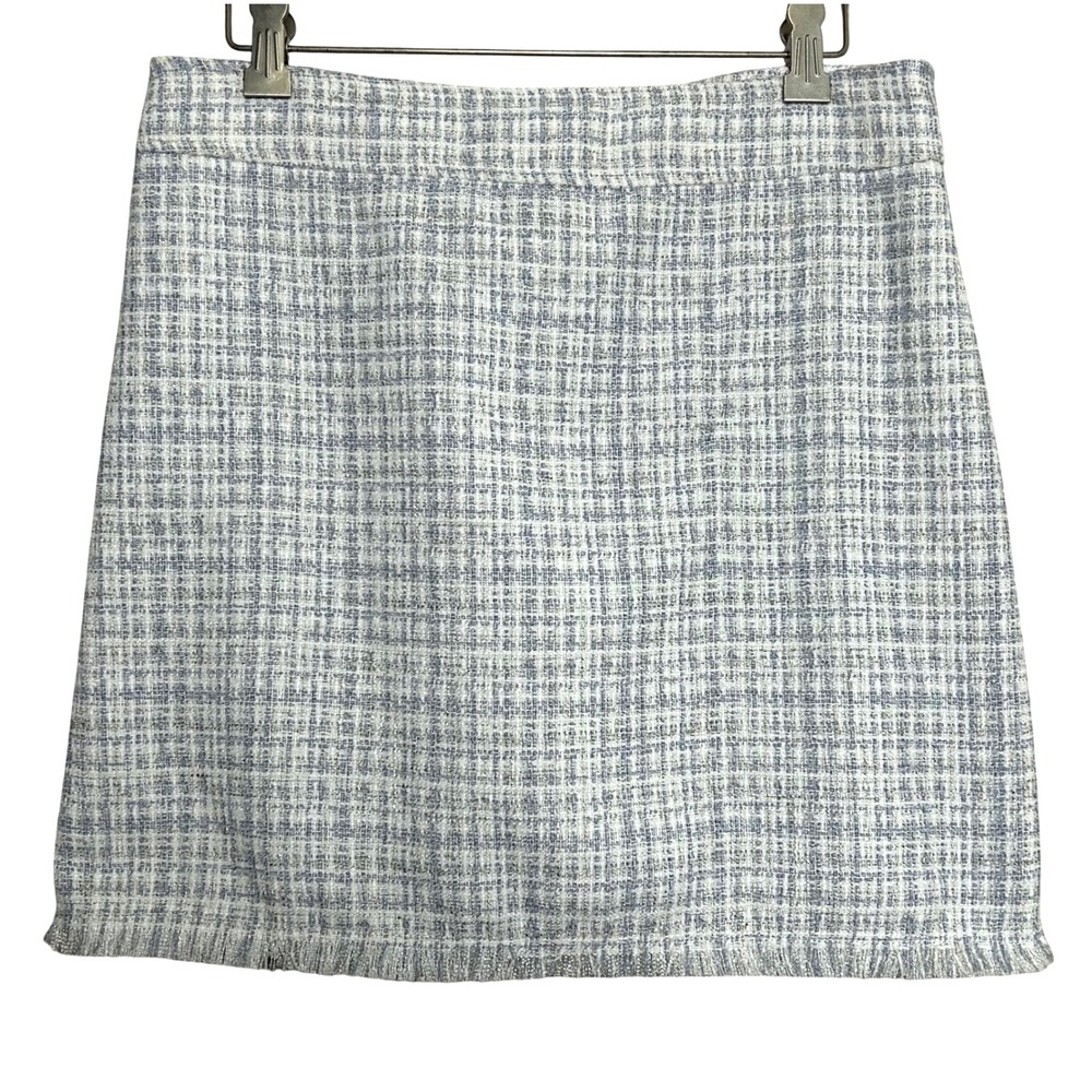 Maison dAmelie Tweed Mini Skirt Blue White Plaid Frayed Hem‎ Back Zip Women 2